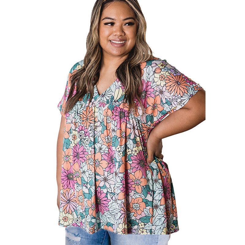 Summer Floral Print Loose Pleating V-neck Top - Fashionner