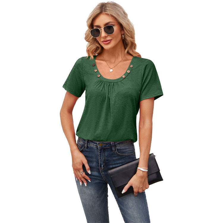 Women's Short-sleeved T-shirt Summer Button Square Collar Pleated Design Solid Color Loose T-shirt Womens Clothing - Fashionner