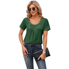 Women's Short-sleeved T-shirt Summer Button Square Collar Pleated Design Solid Color Loose T-shirt Womens Clothing - Fashionner