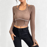 Slim fit knitted long sleeved sewing thread exposed hanging neck T-shirt fashion top - Fashionner