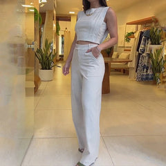 Fashion Round Neck Sleeveless Midriff-baring Short Top Casual Trousers Suit - Fashionner