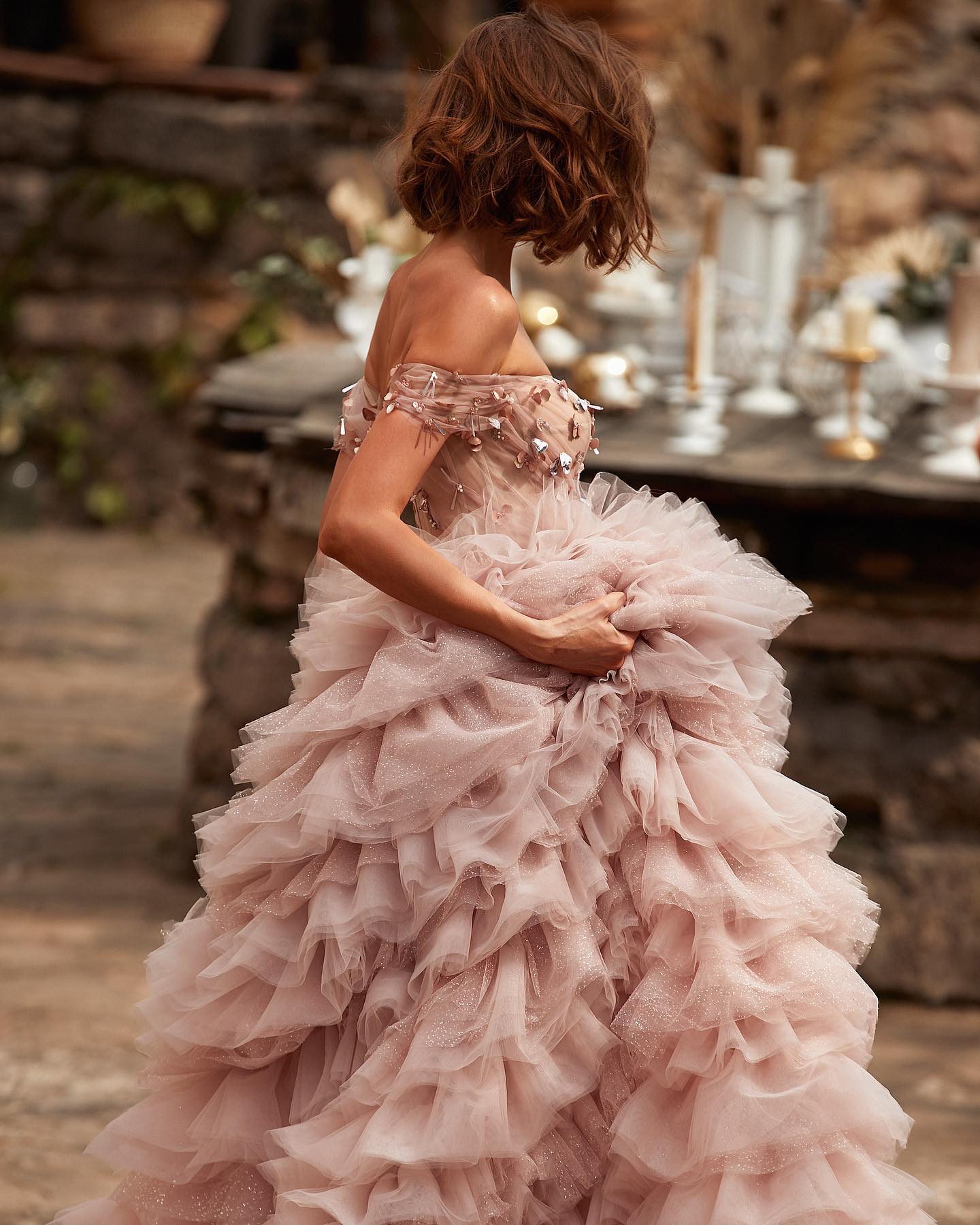 One-line Shoulder Wipe Chest Princess Studded Beaded Cake Skirt Pink Wedding Dress - Fashionner