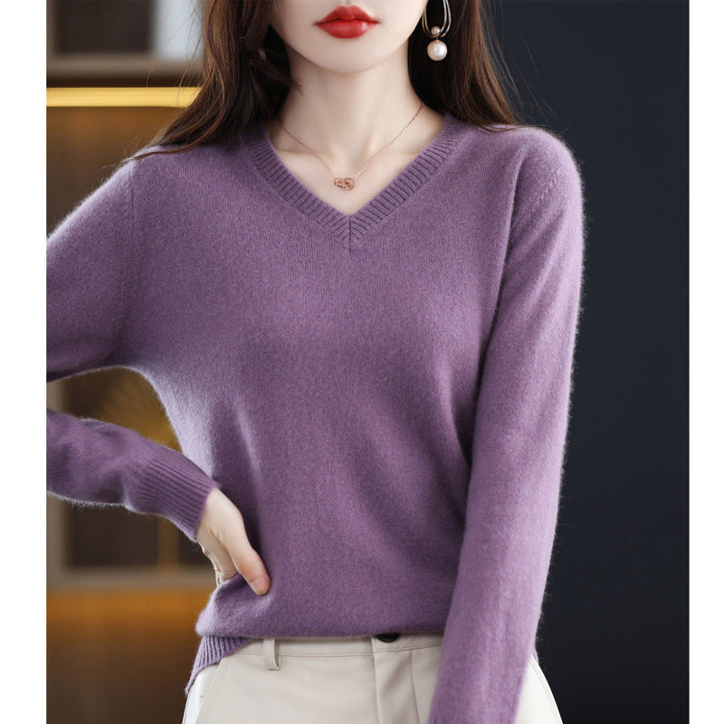 Women's V-neck Loose Pullover Long Sleeve Sweater - Fashionner
