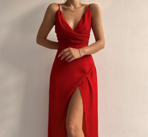 V-neck Slip Dress Low Cut Printed Slit Dress - Fashionner