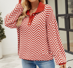 Fashionable striped knit sweater for women with long sleeved color matching lapel sweater for women - Fashionner