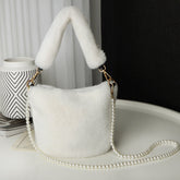 Checkerboard Plush Bucket Bag With Pearl Chain Design Winter Fashion Luxury Handbags For Women Personalized Shopping Shoulder Bags - Fashionner