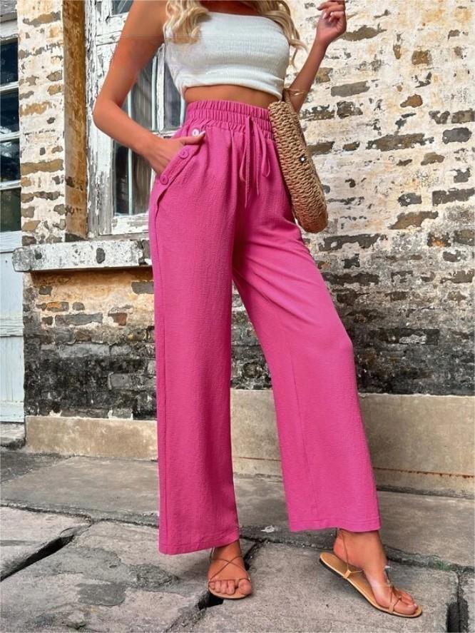 New Casual Pants With Pockets Elastic Drawstring High Waist Loose Trousers For Women - Fashionner