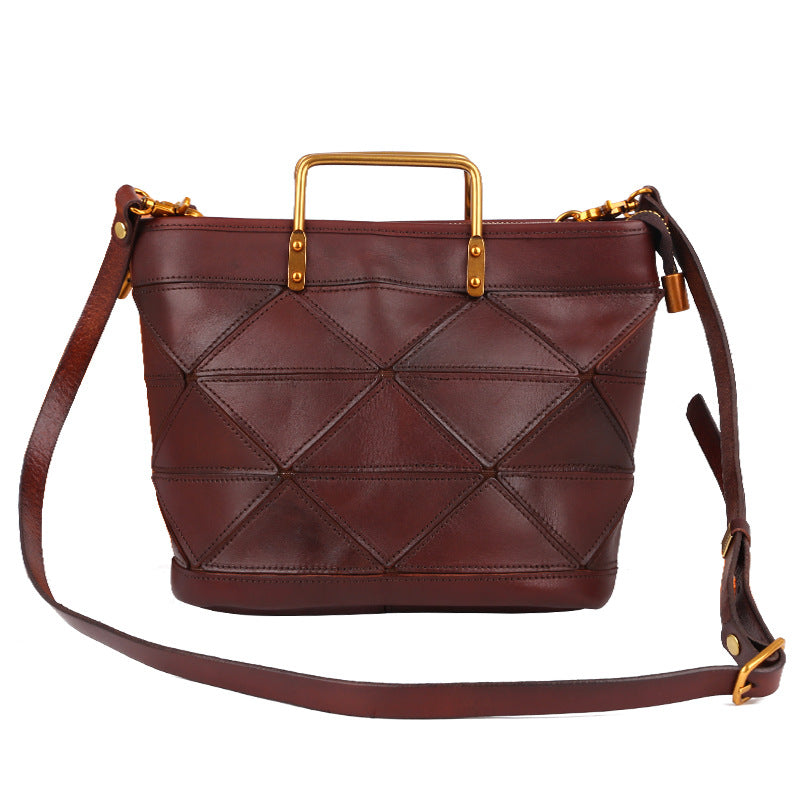 All-match Geometric Stitched Cowhide Women's Bag Work Commute Literary Handbag - Fashionner