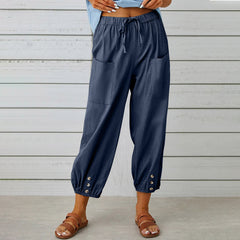 Women Drawstring Tie Pants Spring Summer Cotton And Linen Trousers With Pockets Button - Fashionner