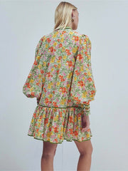 Retro floral shirt dress niche stand collar puff sleeve short skirt holiday style dress for women