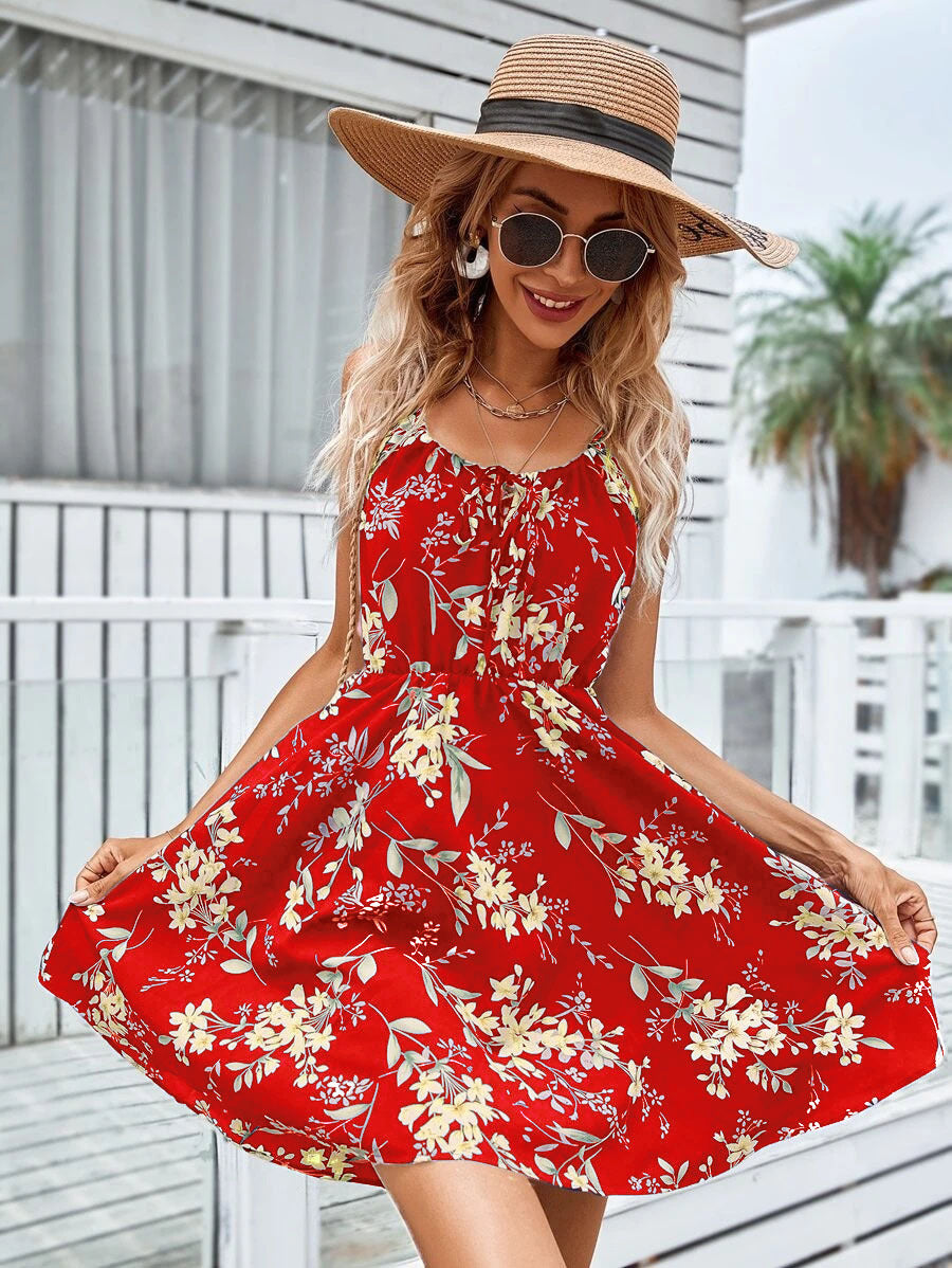 Floral Print Suspender Dress With Elastic Waist Design Fashion Summer Short Dresses Womens Clothing - Fashionner