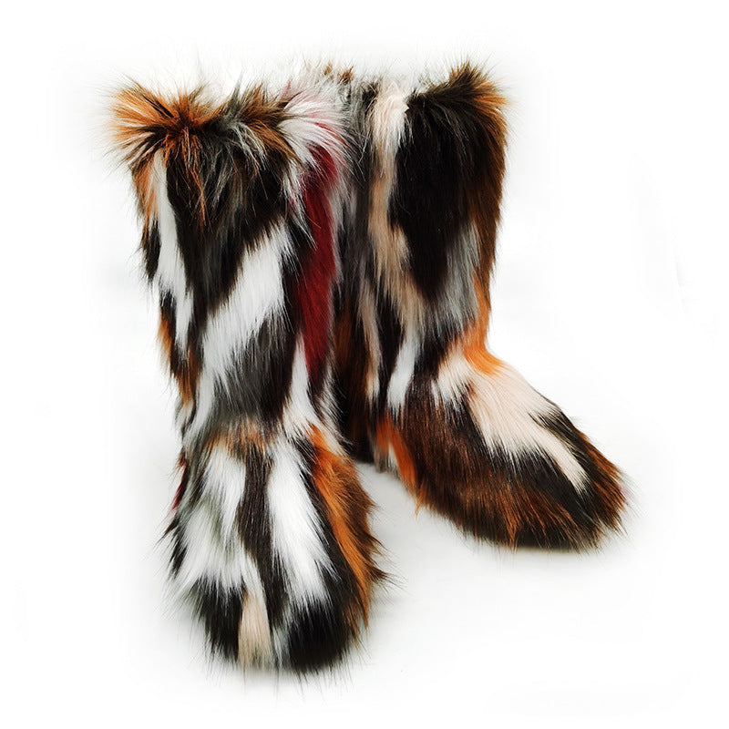 Women's Plush Snow Boots Plus Size Color Flat Women's Mid Boots - Fashionner