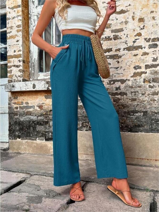 New Casual Pants With Pockets Elastic Drawstring High Waist Loose Trousers For Women - Fashionner