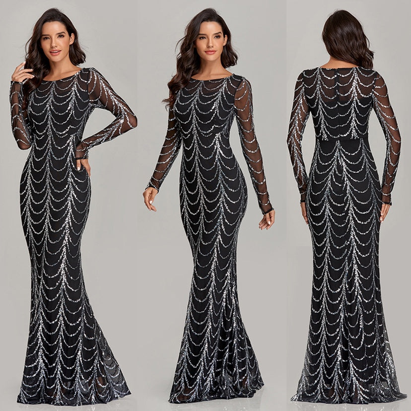 Sequins Women Maxi Dresses Long Sleeve Female Party Dresses - Fashionner