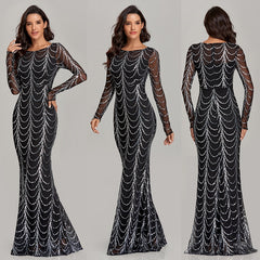 Sequins Women Maxi Dresses Long Sleeve Female Party Dresses - Fashionner