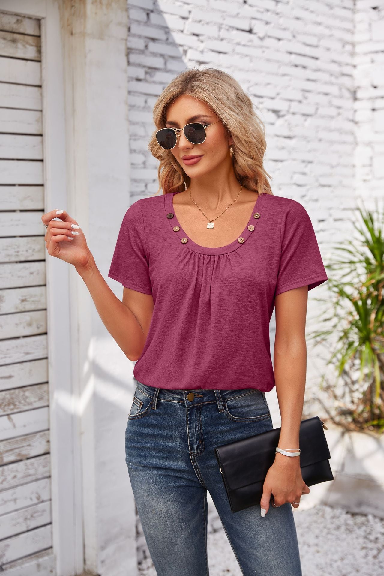 Women's Short-sleeved T-shirt Summer Button Square Collar Pleated Design Solid Color Loose T-shirt Womens Clothing - Fashionner
