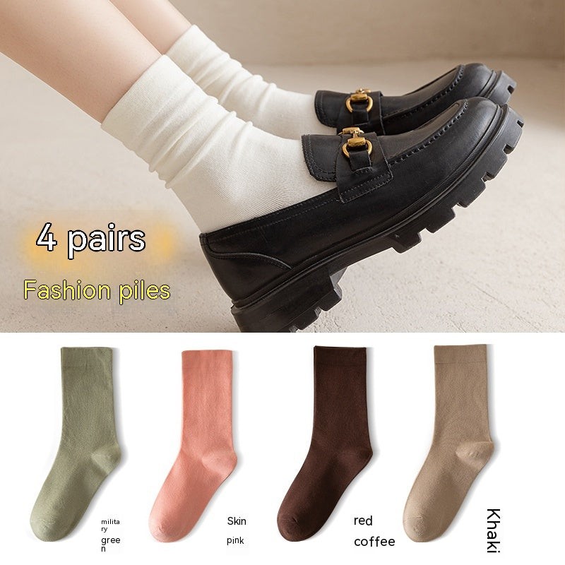 White Women's Mid-tube Socks Solid Color - Fashionner