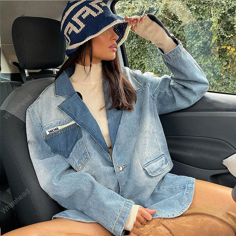 American Retro Blue Super Fire Suit Style Denim Jacket - Fashionner