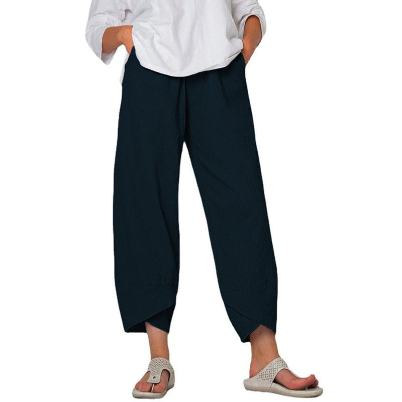 Cotton And Linen Wide Leg Pants Solid Color High Waist Loose Casual Trousers For Women - Fashionner
