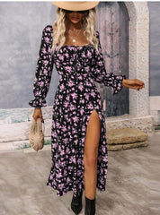 Flowers Printing Long Sleeve Dress Fashion Square-neck Bottom Slit Dresses Womens Clothing