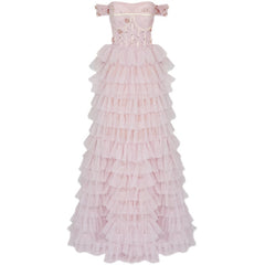One-line Shoulder Wipe Chest Princess Studded Beaded Cake Skirt Pink Wedding Dress - Fashionner