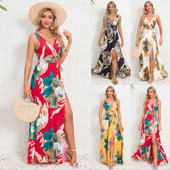 V-neck Floral Print Long Dress Summer Fashion Waist Tie Slit Design Sleeveless Dress For Womens Clothing - Fashionner