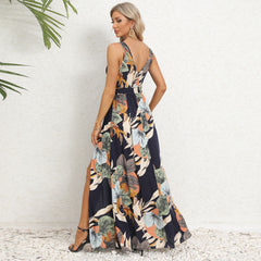 V-neck Floral Print Long Dress Summer Fashion Waist Tie Slit Design Sleeveless Dress For Womens Clothing - Fashionner