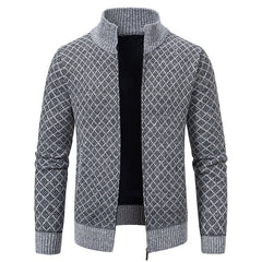 Thickened Plaid Print Jacket Cardigan Fashion Slim Fit Zipper Stand Collar Sweater Winter Men's Casual Long Sleeve Knitted Top Clothing