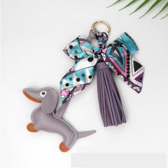 Tassel Leather Sausage Dog Pendant Bag Ornament Silk Scarf Keychain Schoolbag Pendant
