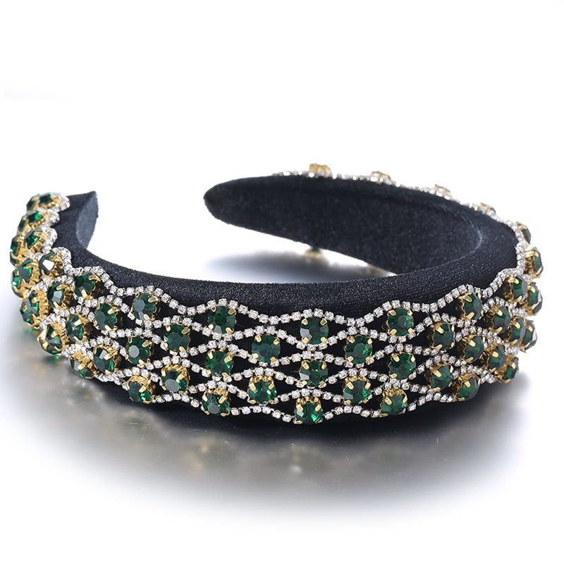 Fashionable full set rhinestone wide edge solid color sponge head hoop - Fashionner