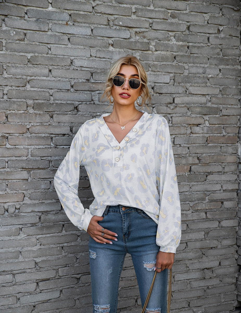 Leopard Print Printed V-neck Off-the-shoulder Long Sleeve T-shirt - Fashionner