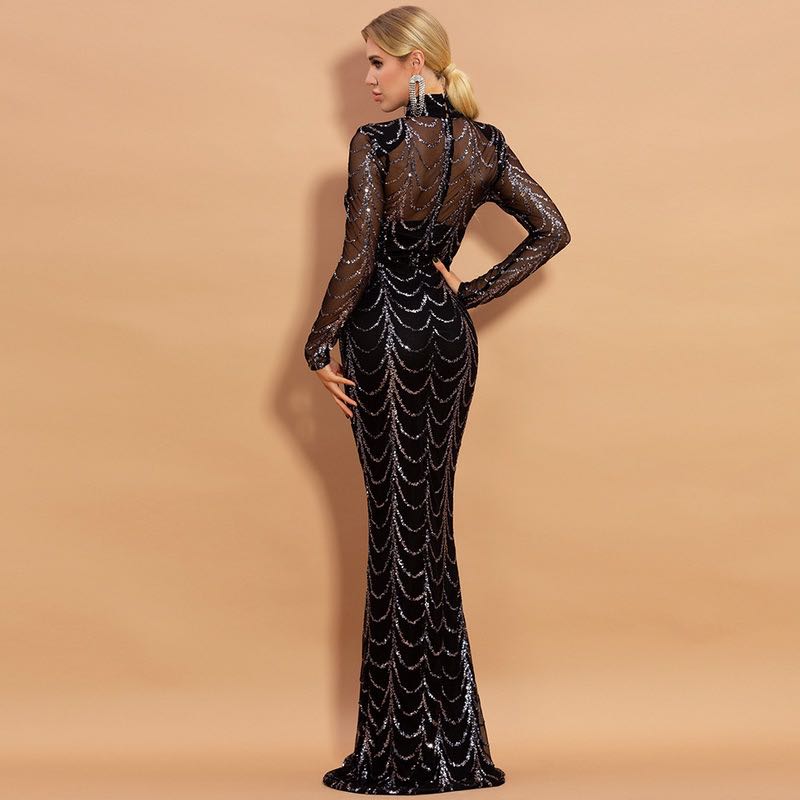 Sequins Women Maxi Dresses Long Sleeve Female Party Dresses - Fashionner