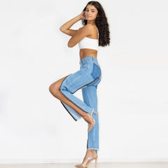 Shascullfites Women Split Straight Jeans Women Club Dancing Pants Light Blue Denim Pants Slim Fit Zipper Jeans - Fashionner