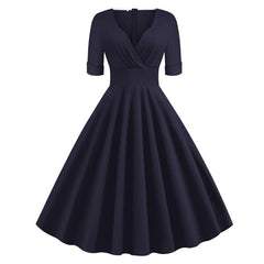 Green Solid Rockabilly S Vintage Ruched V Neck Party Dresses - Fashionner