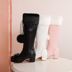 Lace-up Bow Women's Chunky Heel Boots - Fashionner