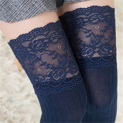 Japanese and Korean New Lace Knee Socks Spring and Autumn Cotton Vertical Stripe Stockings Non slip High thigh Stockings - Fashionner