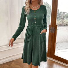 Waist collection round neck A-line skirt button pocket knitted long sleeved dress - Fashionner