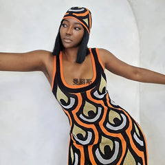 Women Knitted Print Long Sling Top Two Piece Set Lady Casual Sleeveless Square Neck Top Wide Leg Pants Pullover Knitwear Suits - Fashionner