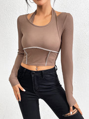 Slim fit knitted long sleeved sewing thread exposed hanging neck T-shirt fashion top - Fashionner