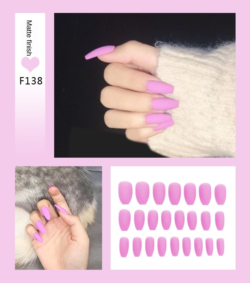 Nail Art Fake Nails Stiletto Tips Clear Press on Long False with Glue Coffin Stick Display Full Cover Artificial Designs Matte - Fashionner