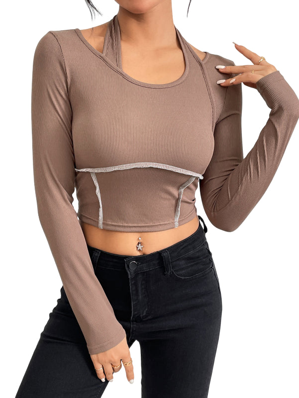 Slim fit knitted long sleeved sewing thread exposed hanging neck T-shirt fashion top - Fashionner