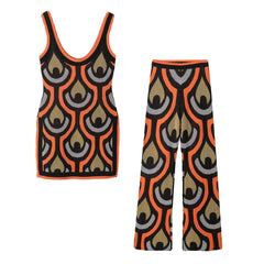 Women Knitted Print Long Sling Top Two Piece Set Lady Casual Sleeveless Square Neck Top Wide Leg Pants Pullover Knitwear Suits - Fashionner