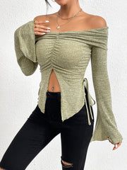 One line neckline split flared sleeve long sleeved knitted T-shirt top - Fashionner
