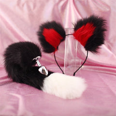 40cm black tailed white pointed bicolor fun plush hair clip with ear role-playing metal anal plug expansion - Fashionner