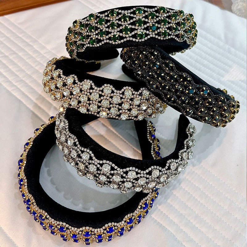 Fashionable full set rhinestone wide edge solid color sponge head hoop - Fashionner