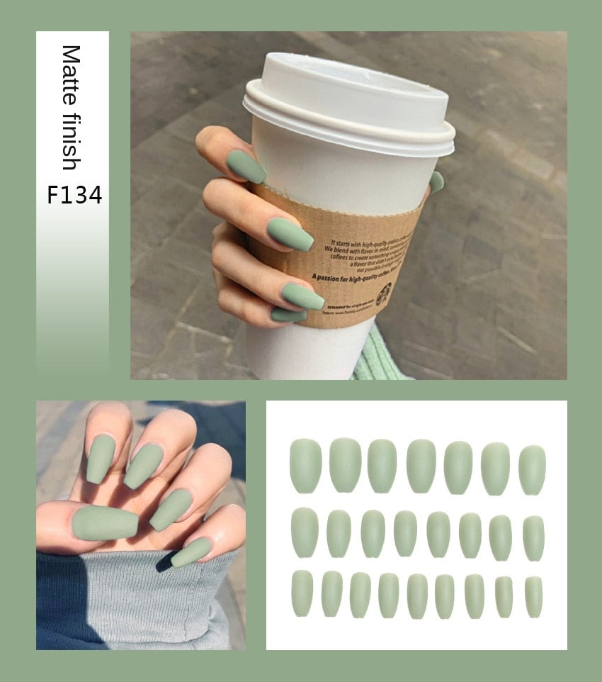 Nail Art Fake Nails Stiletto Tips Clear Press on Long False with Glue Coffin Stick Display Full Cover Artificial Designs Matte - Fashionner