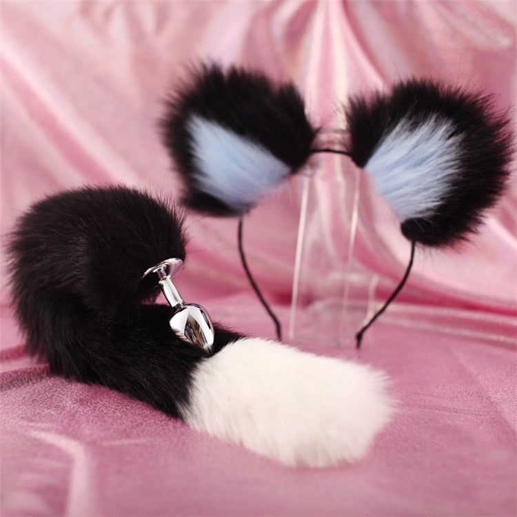 40cm black tailed white pointed bicolor fun plush hair clip with ear role-playing metal anal plug expansion - Fashionner