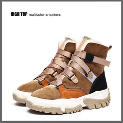 New High Top Multi Color Motorcycle Ankle Sneakers Suede Leather Casual Shoe Platform Wedge Comfortable Luxury Women Winter Boot - Fashionner