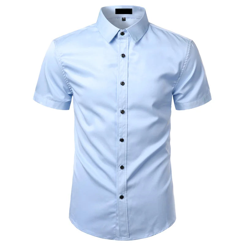 White Mens Bamboo Fiber Dress Shirts Short Sleeve Casual Button Down Shirt Men Non Iron Easy Care Elastic Business Shirt Male - Fashionner