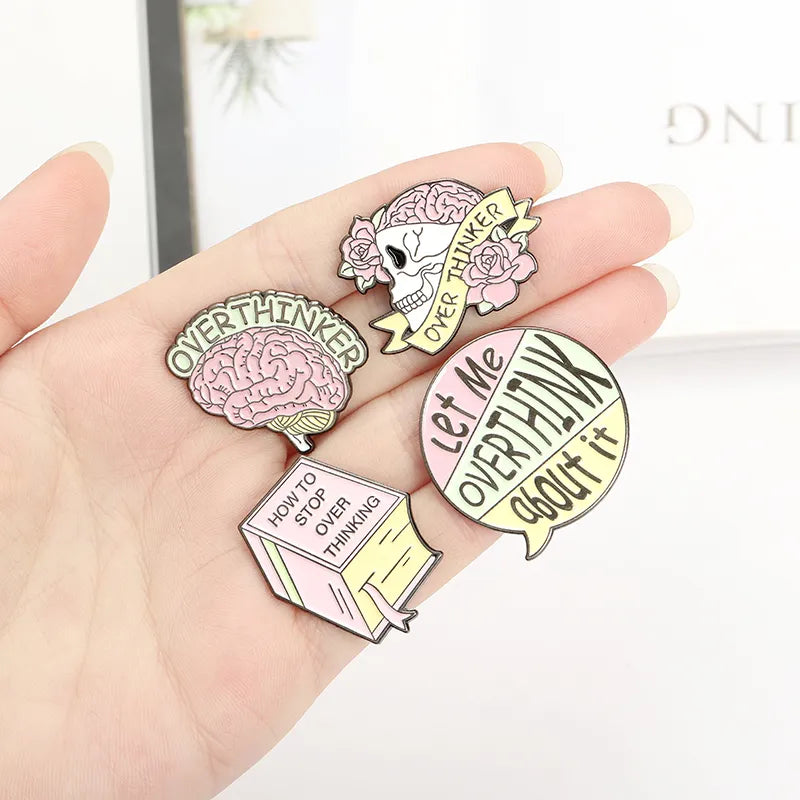 Gifts Overthinker Enamel Pin Custom Overthinking Award Brain Skull Book Brooches Bag Lapel Pin Cartoon Badge Jewelry Gift for Friends - Fashionner